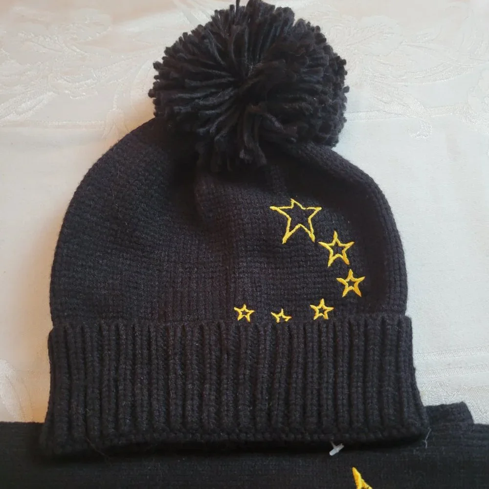 Jenni 2 Piece Black Scarf and Hat Set with Embroidered Gold Stars NWT - Picture 3 of 6